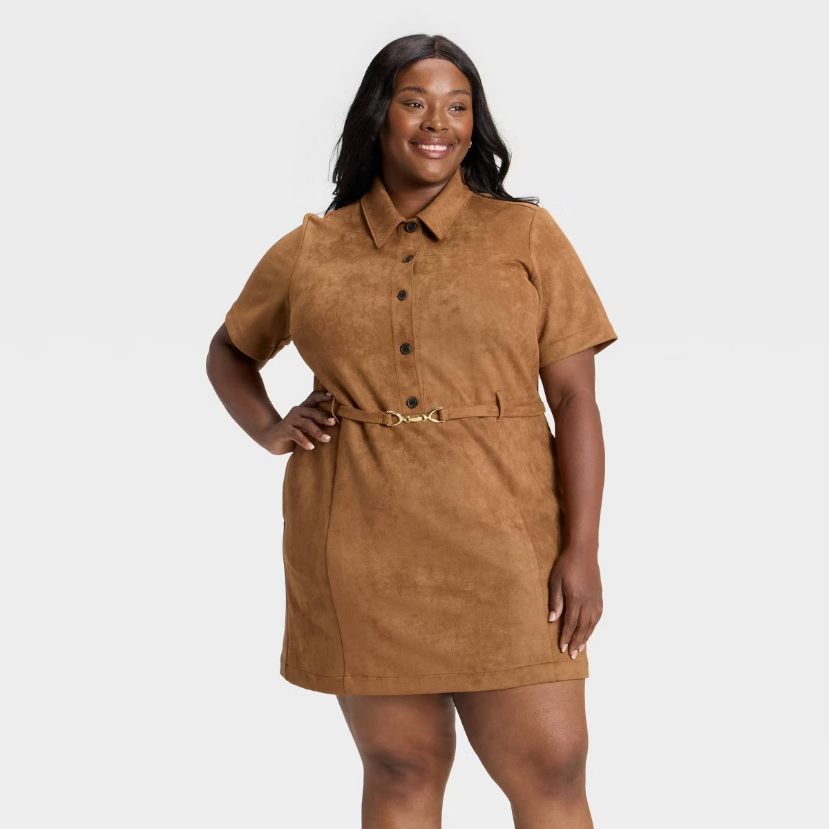Women's Short Sleeve Faux Suede Mini Dress - Ava & Viv™ Tan | Target