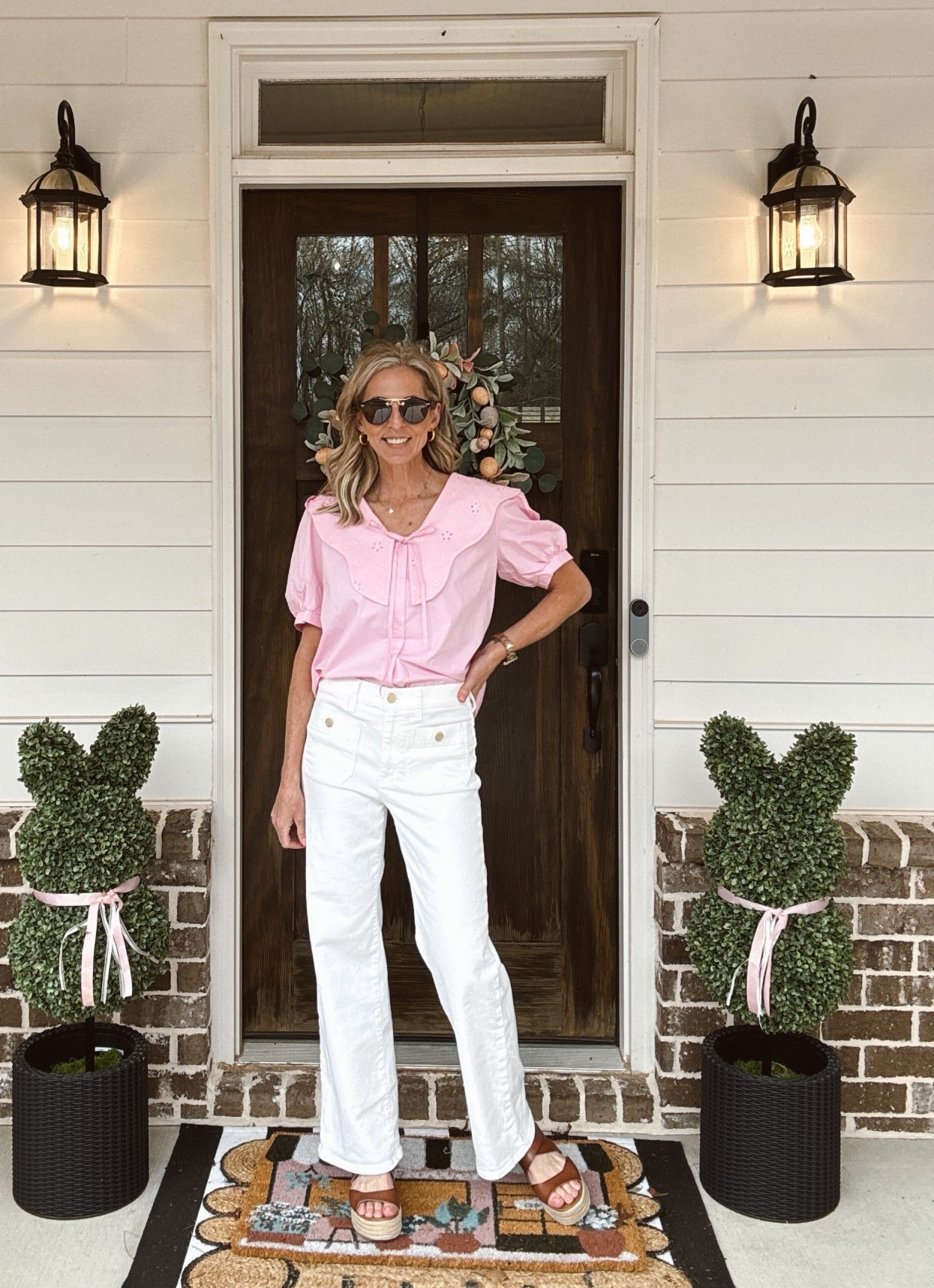 Under $30 women’s Peter Pan collar, button-down puff sleeve summer casual eyelet top from Amazon. Paired with my favorite white jeans from J.Crew factory.  Size small in the top 25 in the jeans. 