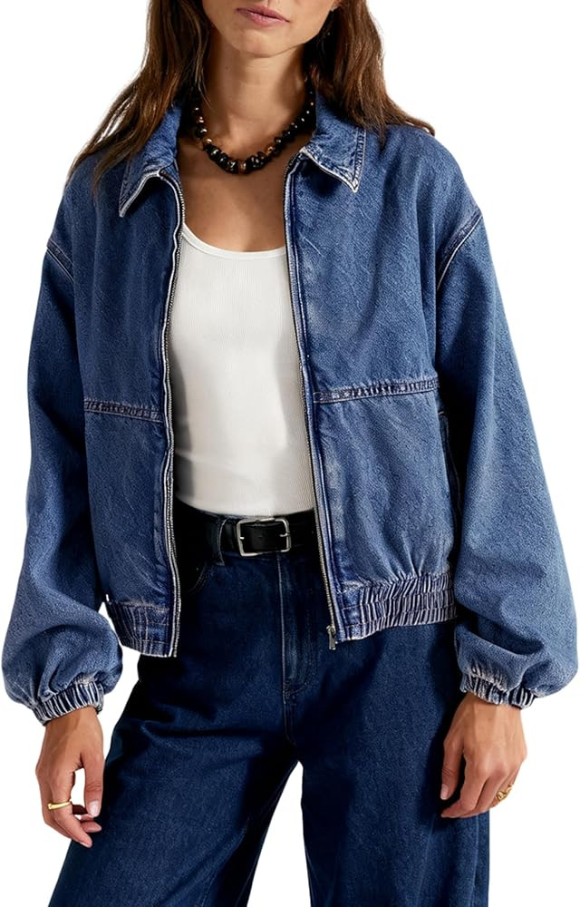 Yeokou Women's Cropped Zip Up Denim Bomber Jacket Elastic Hem Cuffs Stretch Jean Coat for Casual ... | Amazon (US)