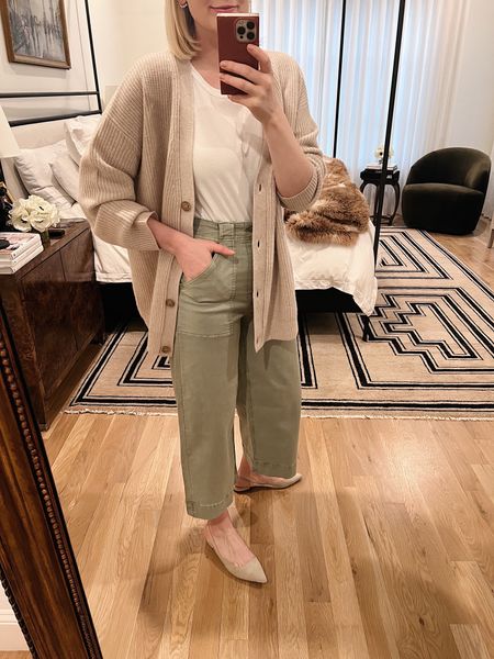Today’s outfit! Wearing a medium in the cardigan and sweater, and a 28 in the pants. Flats are old Everlane! 

#LTKunder100 #LTKstyletip