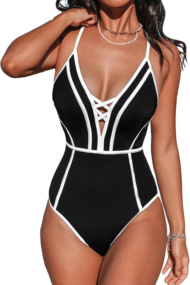 CUPSHE Women's One Piece Swimsuit Plunging V Neck Bathing Suit Crisscross Back Tie Slimming Sculp... | Amazon (US)