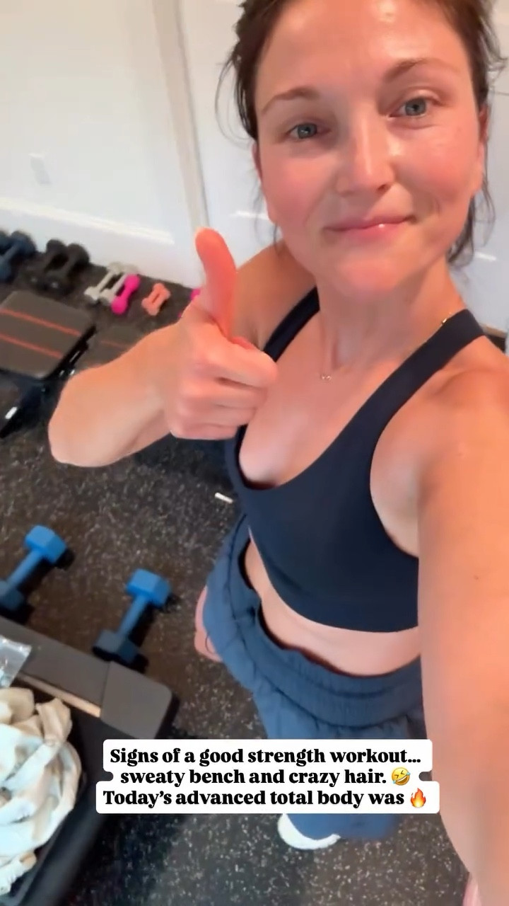 Signs of a good strength workout… sweaty bench and crazy hair. 🤣 Today’s advanced total body was 🔥

#LTKActive #LTKHome