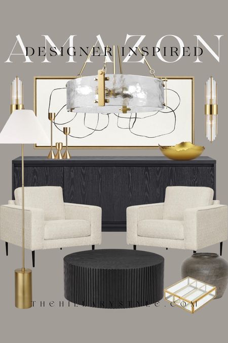 AMAZON Modern Home: Accent chair, sideboard, wall art, wall sconces, chandelier, round coffee table, vase, decorative box, floor lamp, candlestick holder, decor bowl. 

#LTKSeasonal #LTKHome #LTKStyleTip