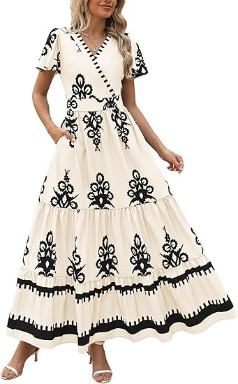 PRETTYGARDEN Womens Floral Boho Maxi Dress | Flutter Short Sleeve,Vneck Wrap,Tiered Ruffle,A Line... | Amazon (US)