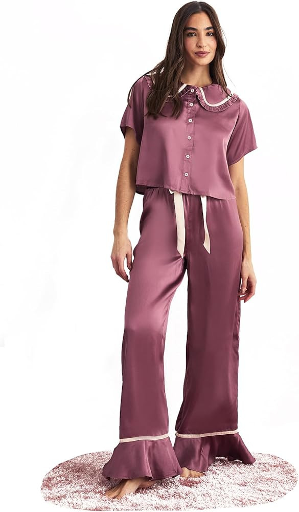 Nasty Gal Satin Bow Detail Ruffle Pajama Trouser Set | Amazon (US)
