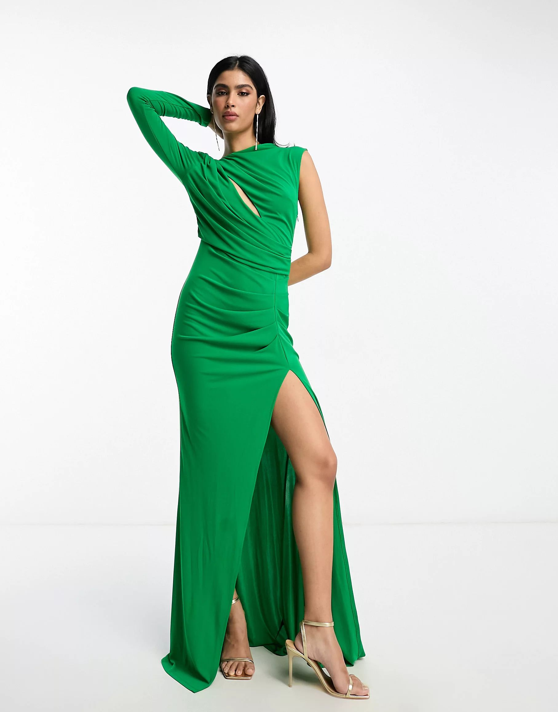 ASOS DESIGN long sleeve premium asymmetric cut out maxi dress in green | ASOS (Global)