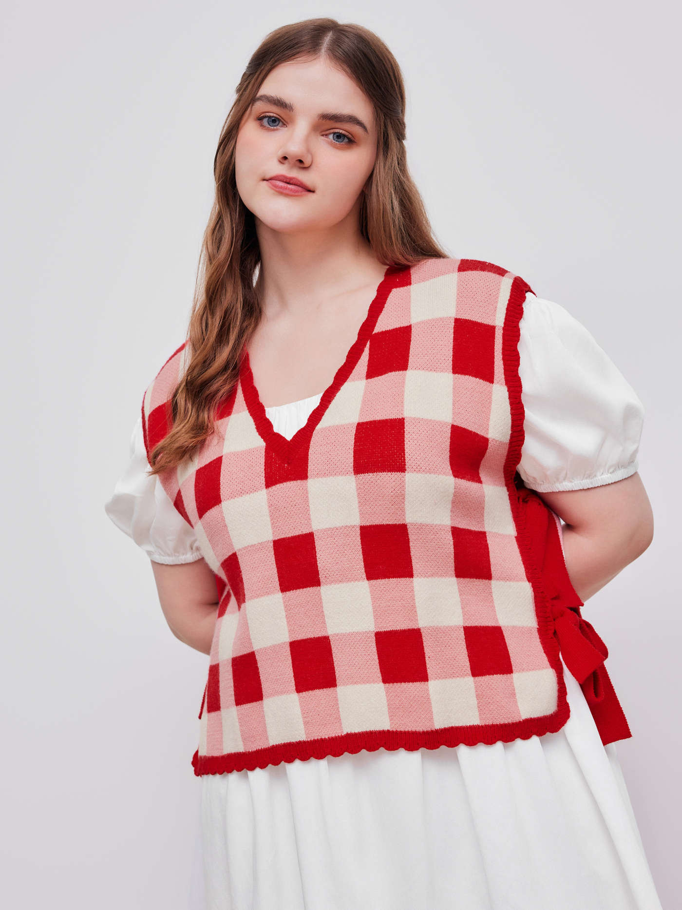 Knit V-neck Check Knotted Vest Curve & Plus | Cider