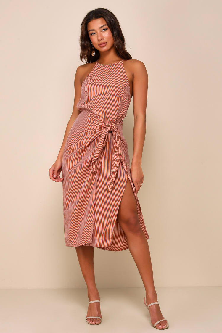 Amalfi Muse Rust Brown Striped Cutout Faux Wrap Midi Dress | Lulus