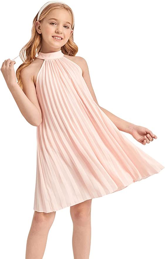 WDIRARA Girl's Sleeveless Pleated Halter Dress Casual Button Back Dresses | Amazon (US)