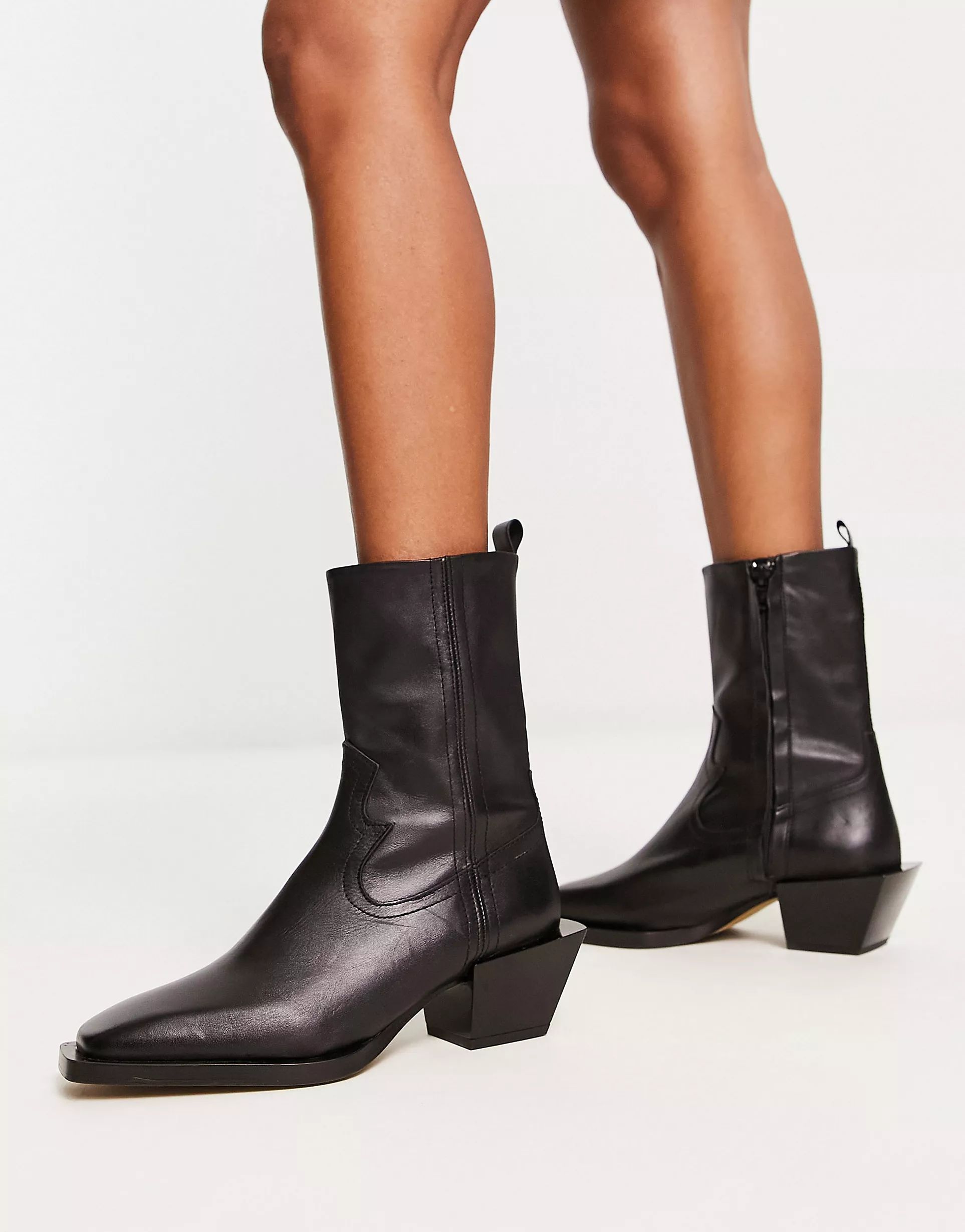 ASOS DESIGN Arrow leather western ankle boots in black | ASOS (Global)