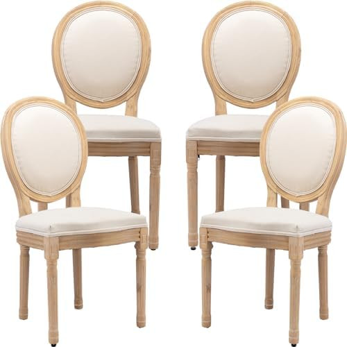 French Country Dining Chairs Set of 4, Beige Round Back Dining Chairs with Linen Upholstered Seat... | Amazon (US)