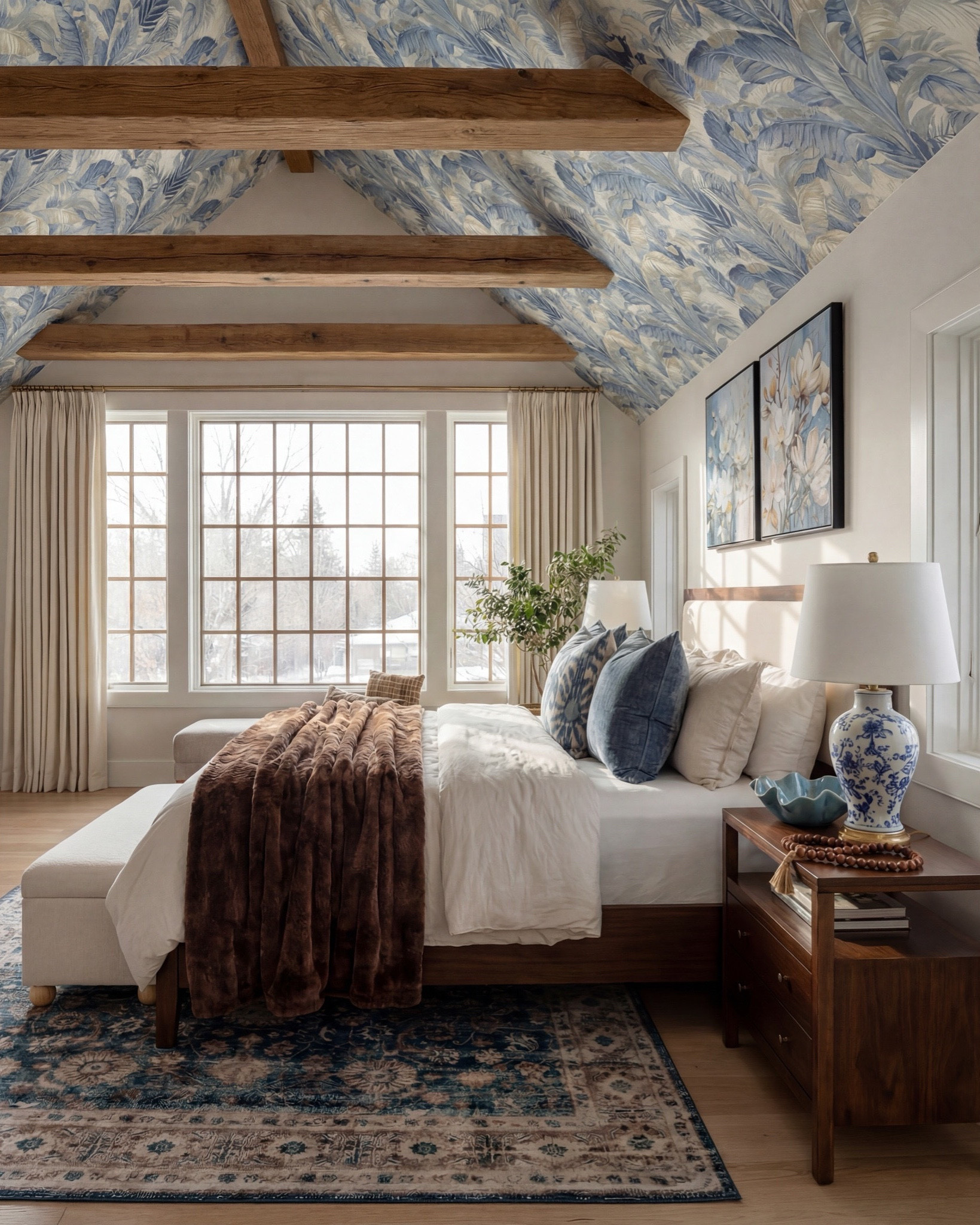 Shop the Look: Bedroom Refresh
• Warm-wood platform bed with upholstered headboard
• White duvet + layered blue accent pillows
• Brown faux-fur throw blanket
• Upholstered storage bench at the foot of the bed
• Matching warm-wood nightstands
• Blue ceramic table lamps
• Blue decor bowl
• Bead garland decor
• Stack of books (nightstand styling)
• Floral artwork pair above the bed
• Blue patterned area rug
• Built-in window bench with plaid pillow
• Potted floor plant in ceramic planter
• Blue botanical ceiling wallpaper with exposed wood beams

#LTKsale #LTKhome #LTKstyletip