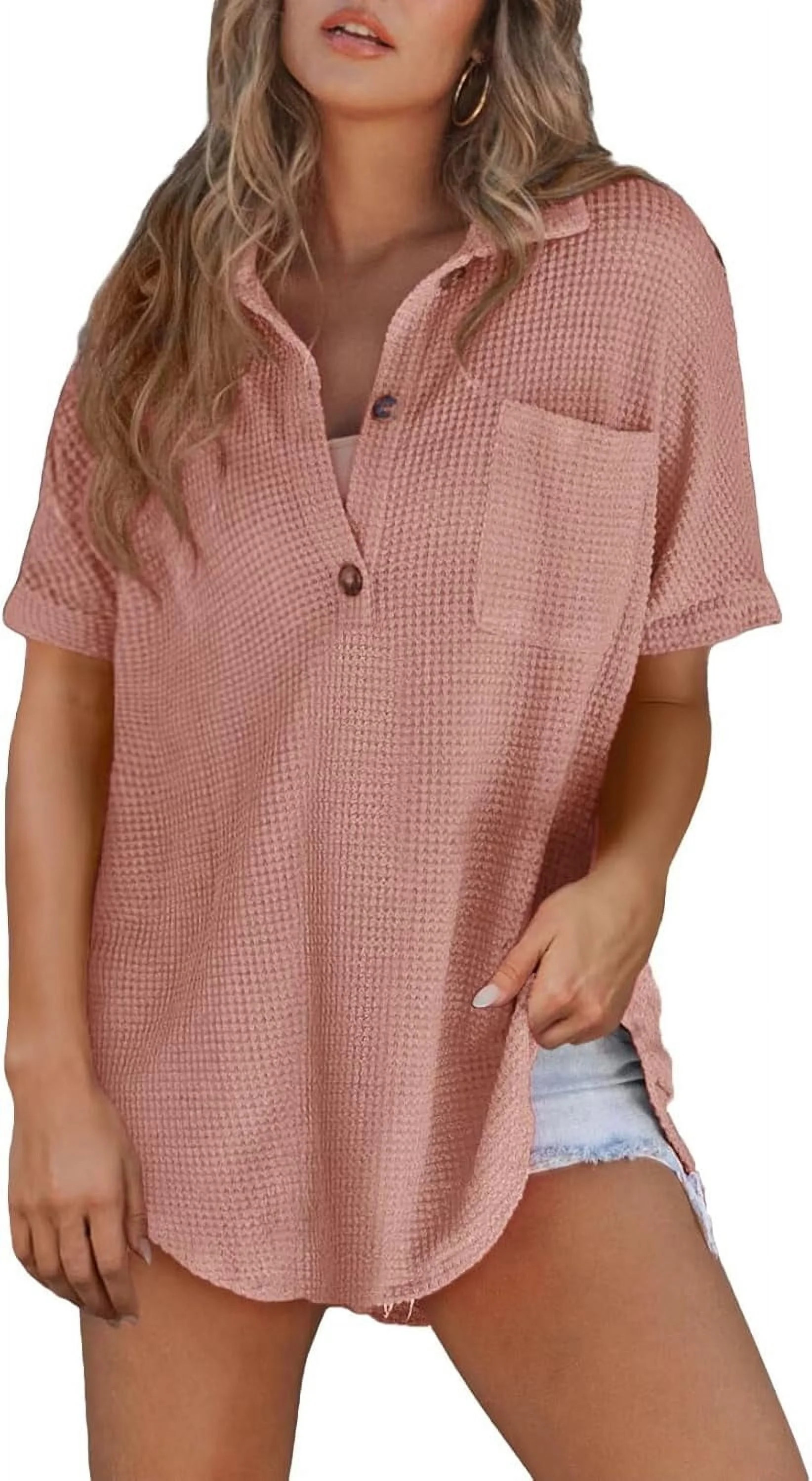 YATELLE Women Waffle Knit Tops Henley Shirts Short Sleeve V Neck Solid Color Casual Tunic | Walmart (US)