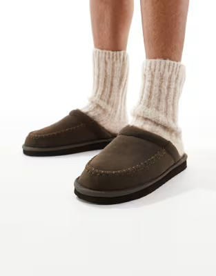 ASOS DESIGN mule slippers in brown with fleece lining | ASOS | ASOS (Global)