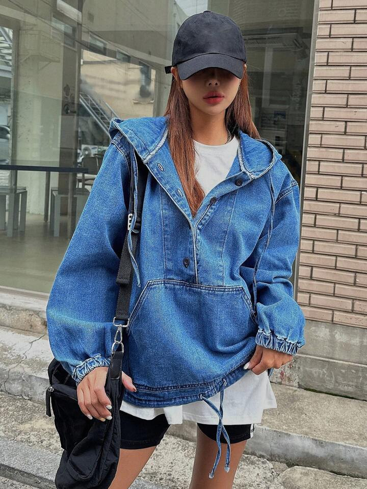 DAZY Half Button Drawstring Hem Hooded Denim Jacket | SHEIN