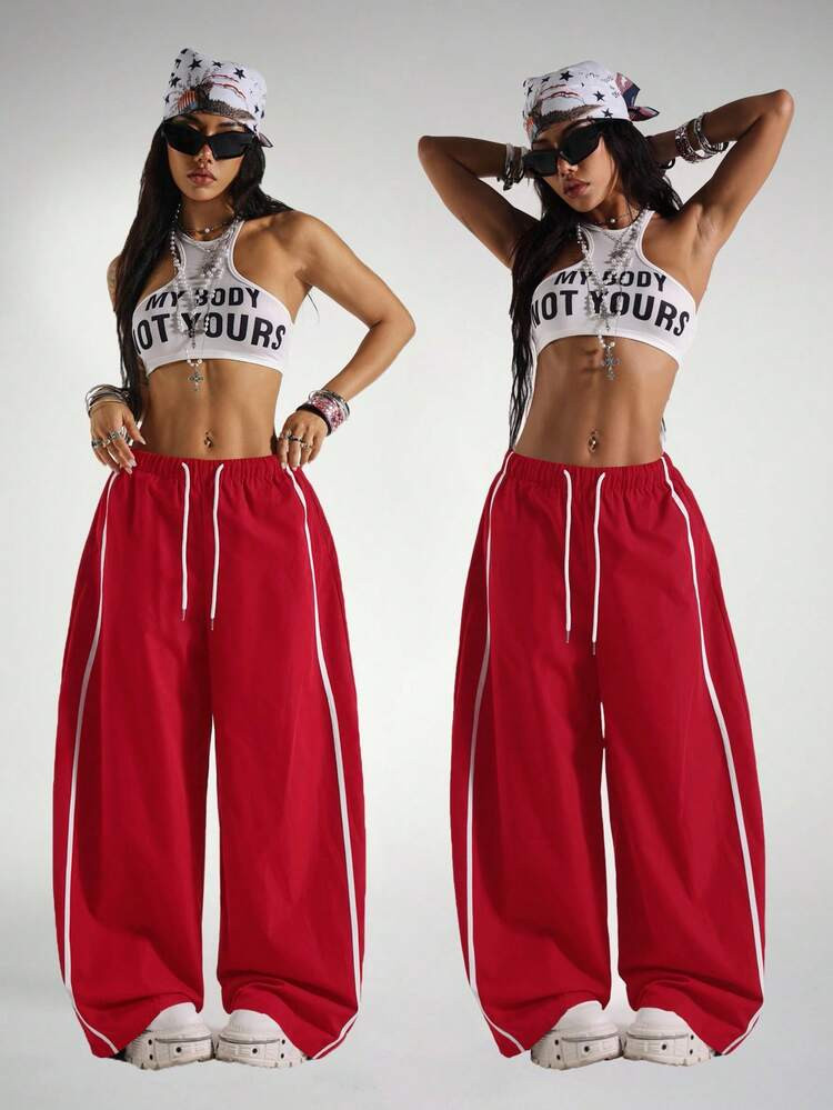 StreetHx Women's Loose Fit Contrast Trim Barrel Leg Pants | SHEIN