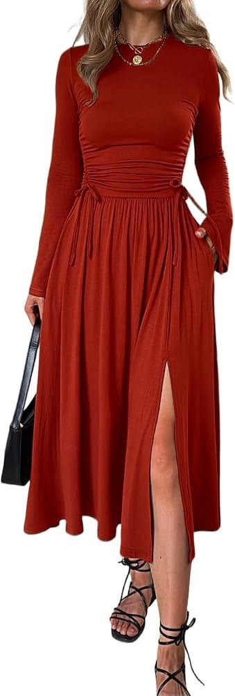 Mieazom Womens Long Sleeve Midi Dress Ruched A Line Dress with Pockets | Amazon (US)