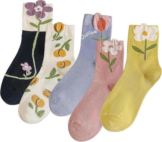 4/5 Pack Cute Womens Floral Socks, Cotton Vintage Embroidered Casual Crew Socks, Girly Cottagecor... | Amazon (US)
