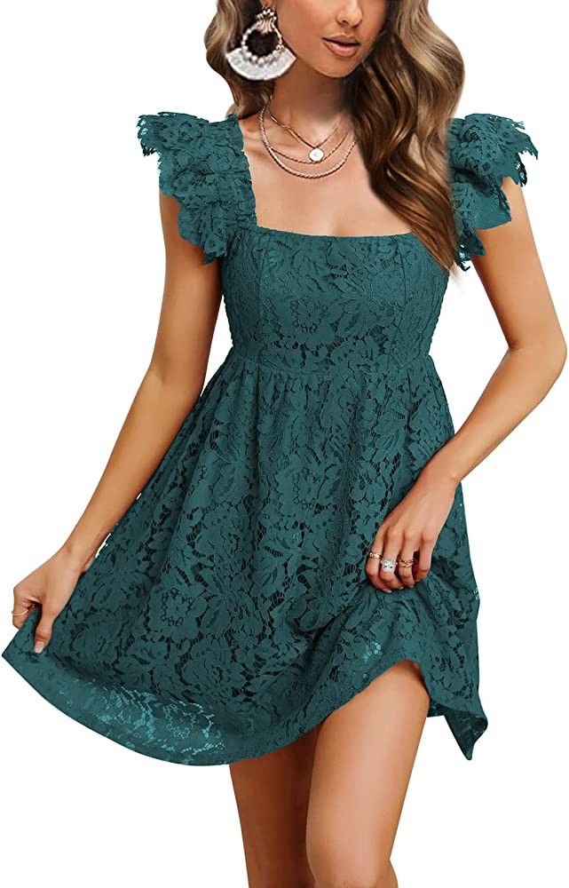 EXLURA Women's Ruffle Strappy Lace Mini Dress Square Neck Empire Waist Sundresses Vintage Elegant... | Amazon (US)