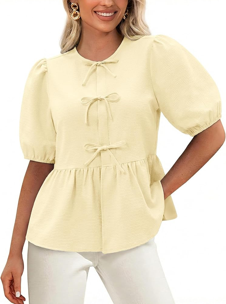 siliteelon Women's Babydoll Tops Peplum Blouse with Tie Front & Puff Sleeve Cute Summer Trendy Sh... | Amazon (US)