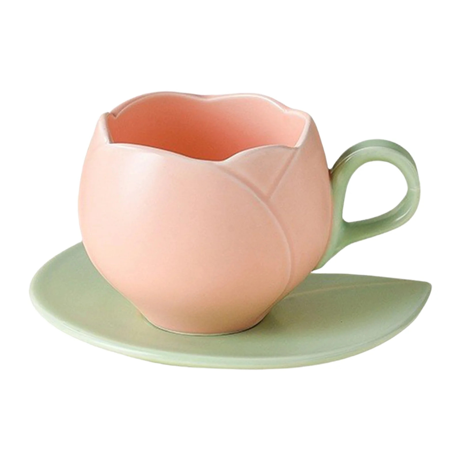 Tulip Coffee Mug Ceramic Flower Shaped Tea Cup And Saucer Set Petal Rim Cute Mug With Leaf Inspir... | Walmart (US)