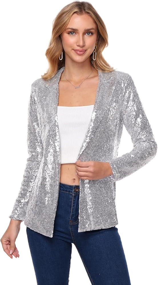 Women's Sequin Jacket Open Front Sparkly Blazer Jackets Casual Long Sleeve Party Glitter Cardigan... | Amazon (US)