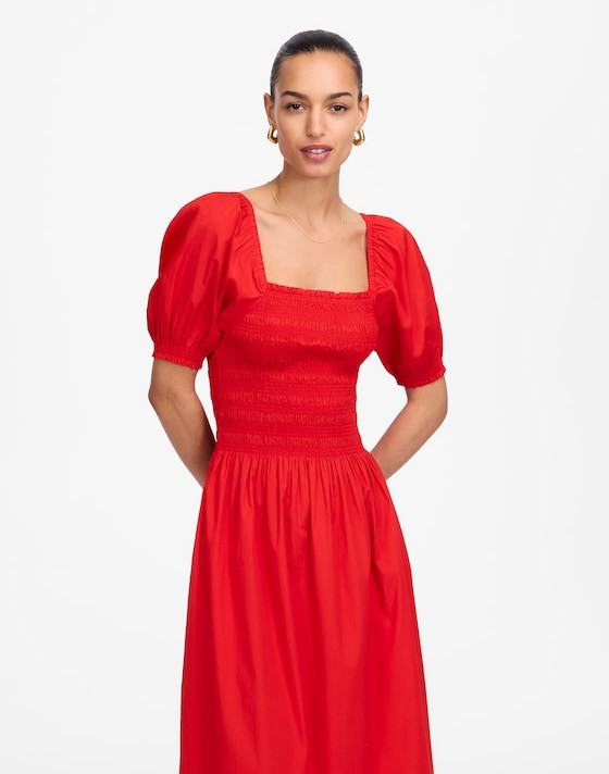 Smocked Puff Sleeve Midi Dress in Poplin | Madewell