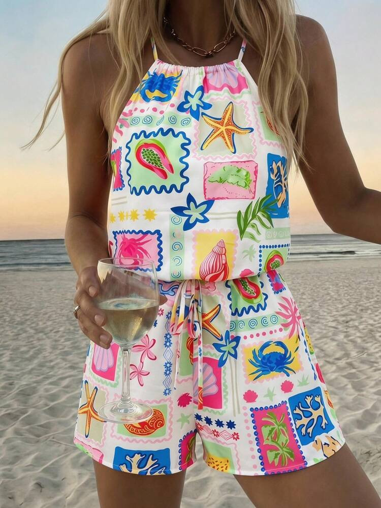 Vivid Eden Women's White Tropical Marine Print Halter Neck Romper, Summer Boho Holiday Vacation, ... | SHEIN