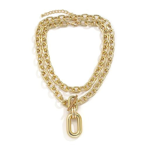 Peutlhomy 2 Pcs Chunky Necklace For Women Men Layered Gold Chunky Chain Choker Necklace with Toggle Clasp Cuban Link Chain Carabiner Necklace Punk Hip-hop Jewelry (Gold Chunky Necklace) | Amazon (US)