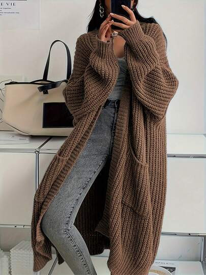 Women's Fashionable Elegant Casual Commute Versatile Long Sleeve Knitted Long Cardigan Sweater, A... | SHEIN