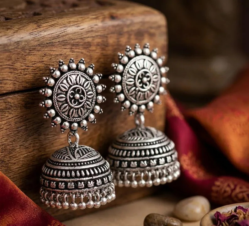 Oxidized Silver Jhumka Earrings – Sun Motif, Tribal Boho Ethnic Jewelry - Etsy UK | Etsy (Global)
