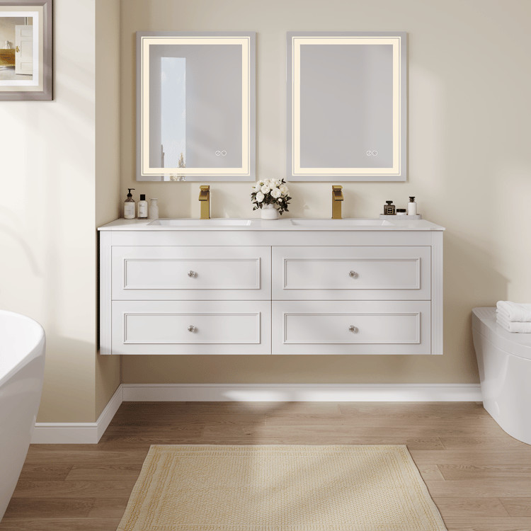 Modern 59.1‘’ White Floating Bathroom Vanity Set Ceramic Top Wall Mounted Bathroom Cabin | Homary