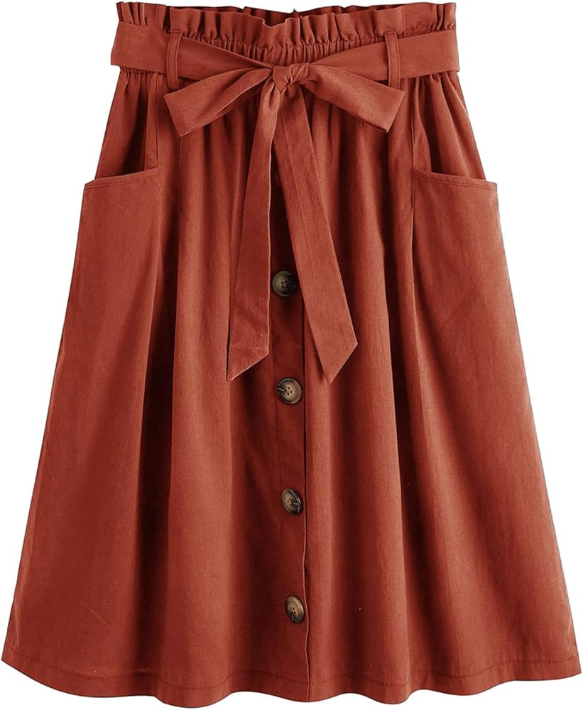 SweatyRocks Women's Casual Paperbag Waist Pleated A-Line Midi Skirt with Pocket | Amazon (US)