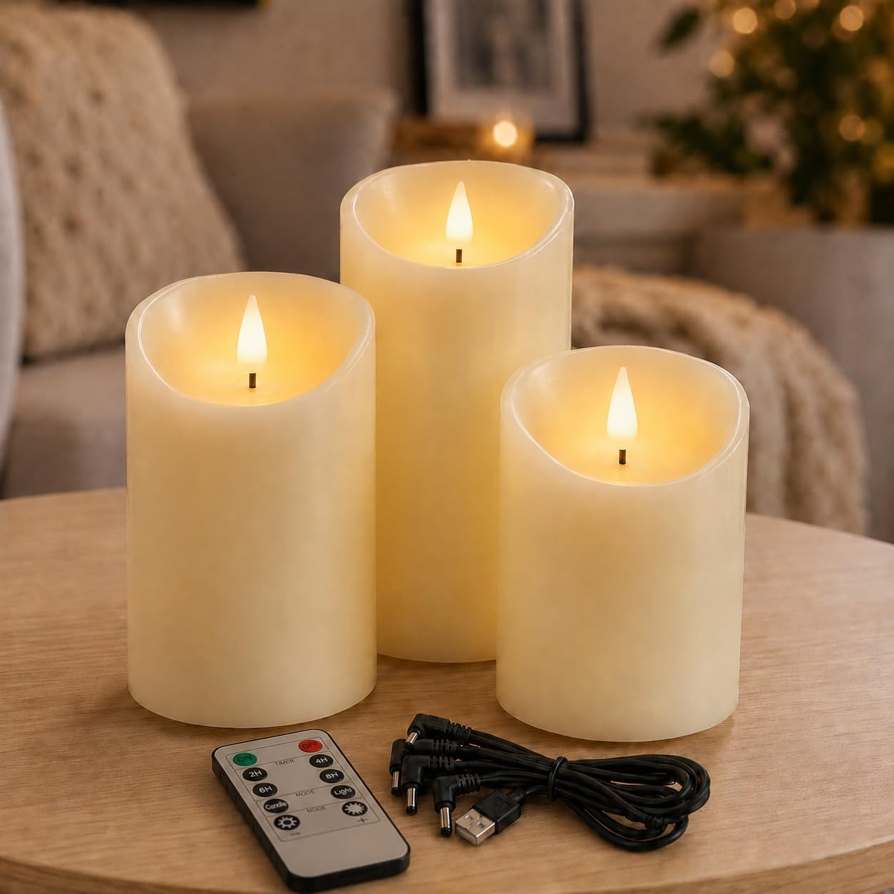 Lezonic Rechargeable Flickering Flameless Candles Battery Operated with Remote and Timer, Pack of 3(D 3'' X H 4''5''6'') Long Lasting Ivory White Real Wax LED USB Pillar Candles | Amazon (US)
