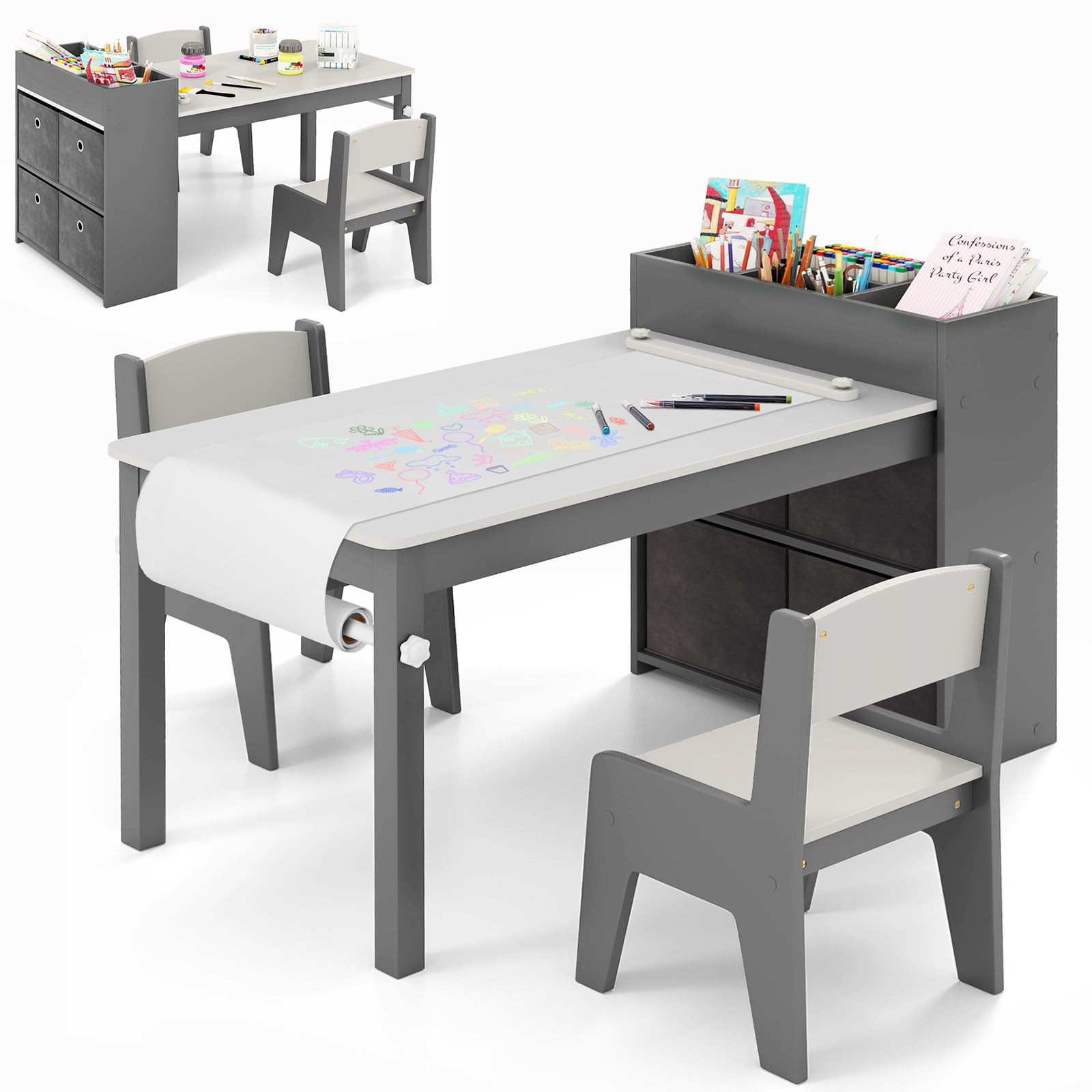 Costzon Kids Table and Chairs, 3 in 1 Wooden Art Drawing Desk Set w/ 4 Fabric Bins, Multiple Open... | Amazon (US)