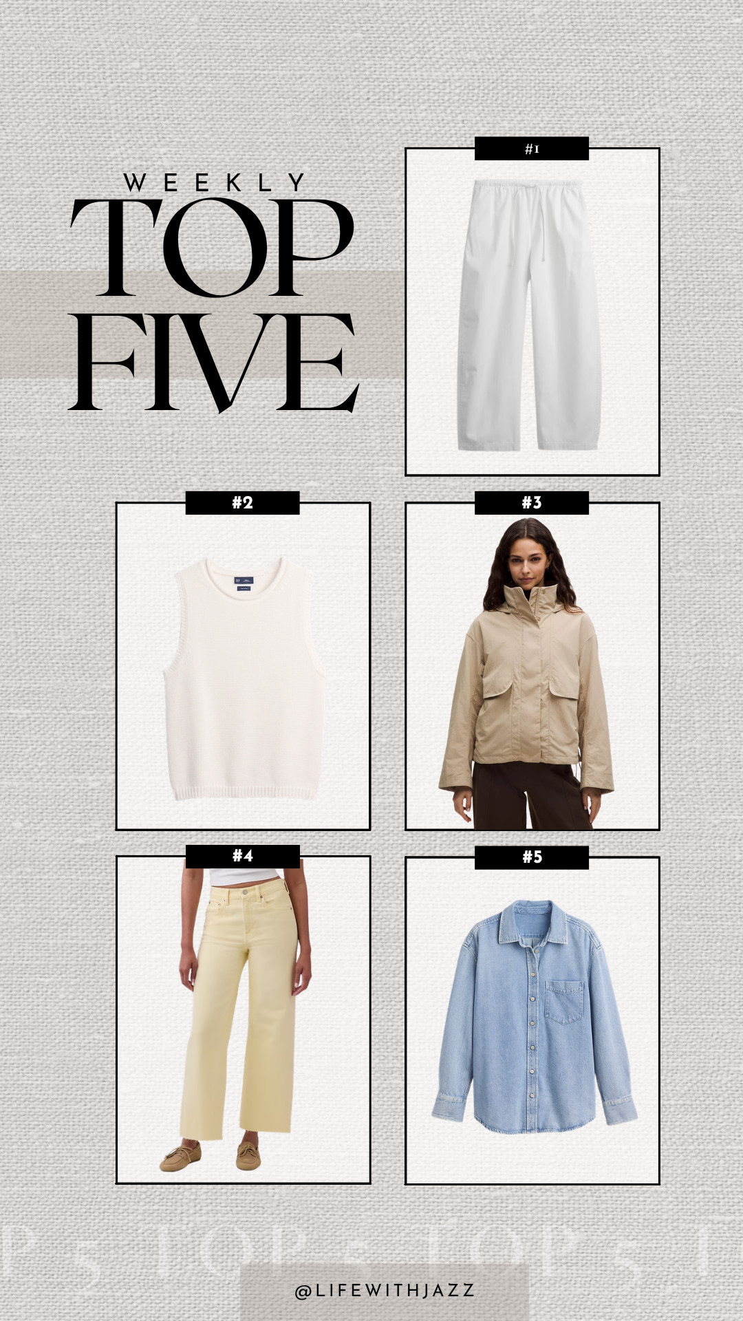 This week's top 5: 

1. GAP poplin barrel pants -- linked to similar styles 
2. GAP sweater tank -- 100% cotton, love the quality 
3. Lululemon always effortless jacket -- wind & water-resistant 
4. GAP high-rise stride ankle jeans -- were just restocked in butter yellow, such a flattering fit & comes in several washes + lengths 
5. GAP denim oversized shirt  

 #LTKSeasonal