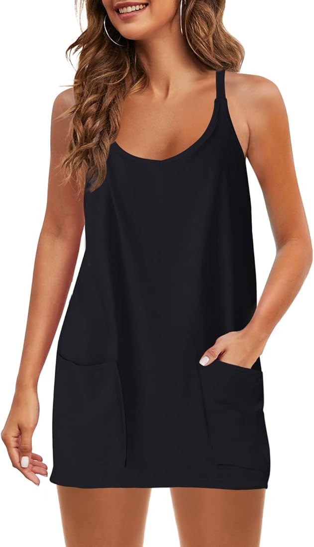 Womens Summer Sleeveless Mini Dress V Neck Spaghetti Strap Sundress Athletic Short Dress with Poc... | Amazon (US)
