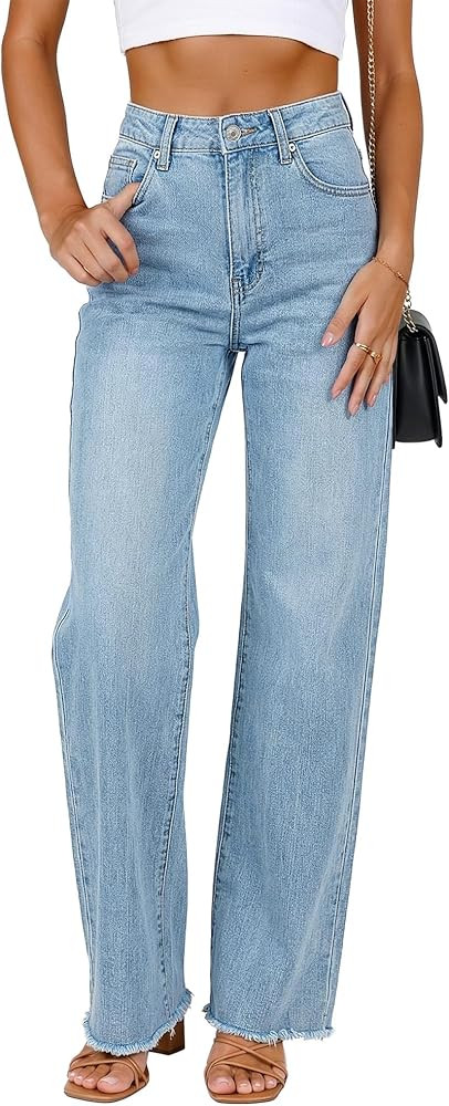 GRAPENT Straight Leg Jeans for Women High Waisted Stretchy Frayed Raw Hem Loose Denim Pants Casua... | Amazon (US)