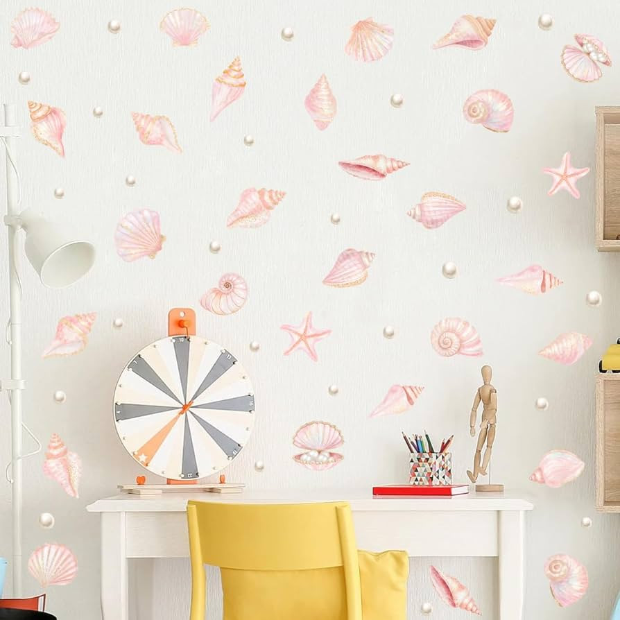Pink Shell Wall Decal, Watercolor Under The Sea Shell Vinyl Wall Stickers, Removable Ocean Themed... | Amazon (US)