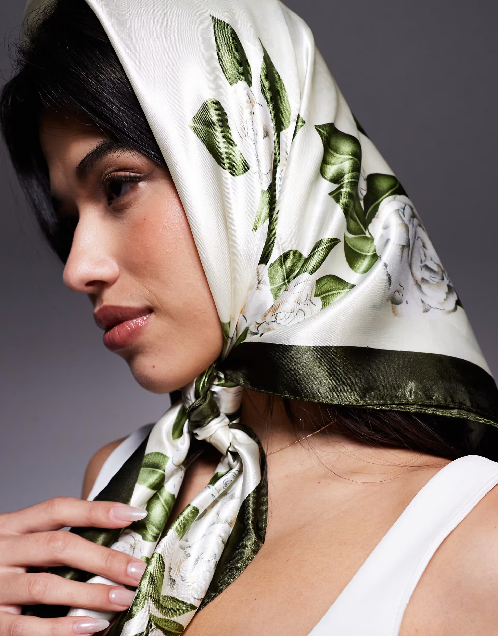 Kaiia exclusive satin headscarf in olive and cream floral | ASOS (Global)