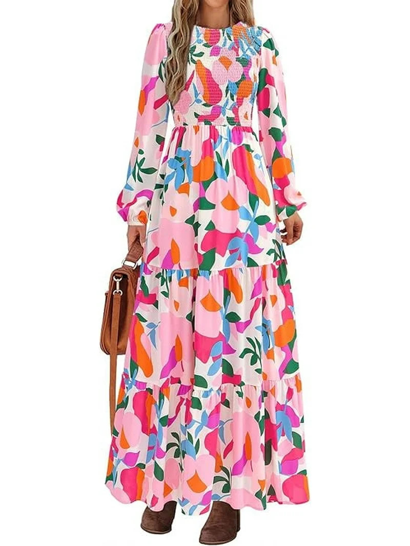 PRETTYGARDEN Women's Fall Dresses Long Sleeve Flowy Casual Floral Maxi Dress Crew Neck Smocked Ti... | Walmart (US)