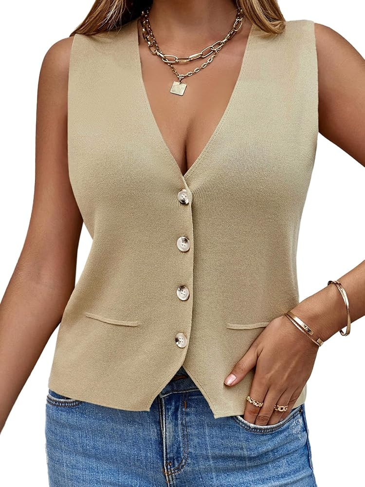 Saodimallsu Womens Sleeveless Sweater Vest Knit V Neck Button Fashion Casual Loose Spring Summer ... | Amazon (US)
