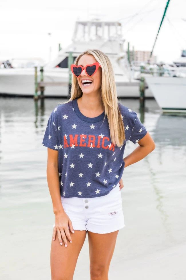 America Block Cropped Graphic Tee Navy | Pink Lily