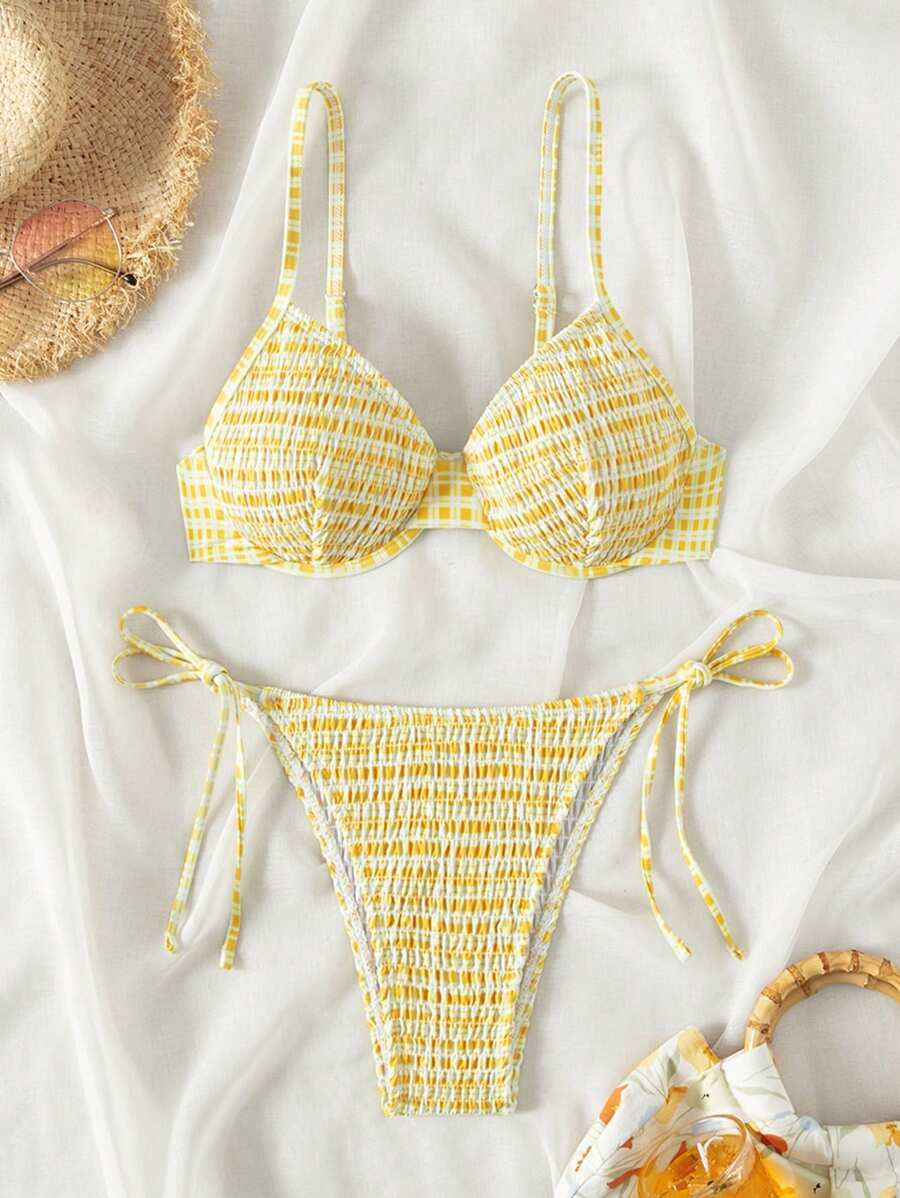 SHEIN Swim Mod Summer Beach Women's Shirred Shoulder Strap 2-Piece Bathing Suit | SHEIN