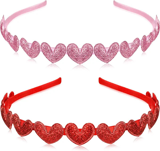 MTLEE 2 Pcs Valentines Day Glitter Hearts Headband Girls Cute Heart Headband Red Pink Cupid Headb... | Amazon (US)