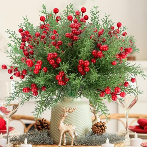 4 Bundles Artificial Christmas Flowers with Red Berry Stems, Fake Norfolk Pine Garland Branches for Winter Decor, Faux Christmas Garland Tree Picks and DIY Crafts | Amazon (US)