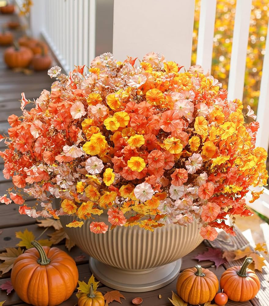 Artificial Mums for Outdoors Fake Fall Flowers Plants for Autumn Decoration, 12 Bundles Silk Morn... | Amazon (US)