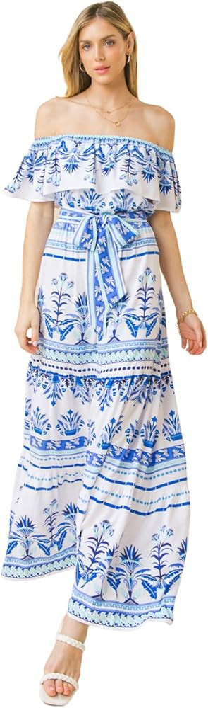 Flying Tomato Off Shoulder Bohemian Maxi Dress - Off Shoulder Ethnic Floral Print Sundress with Wais | Amazon (US)