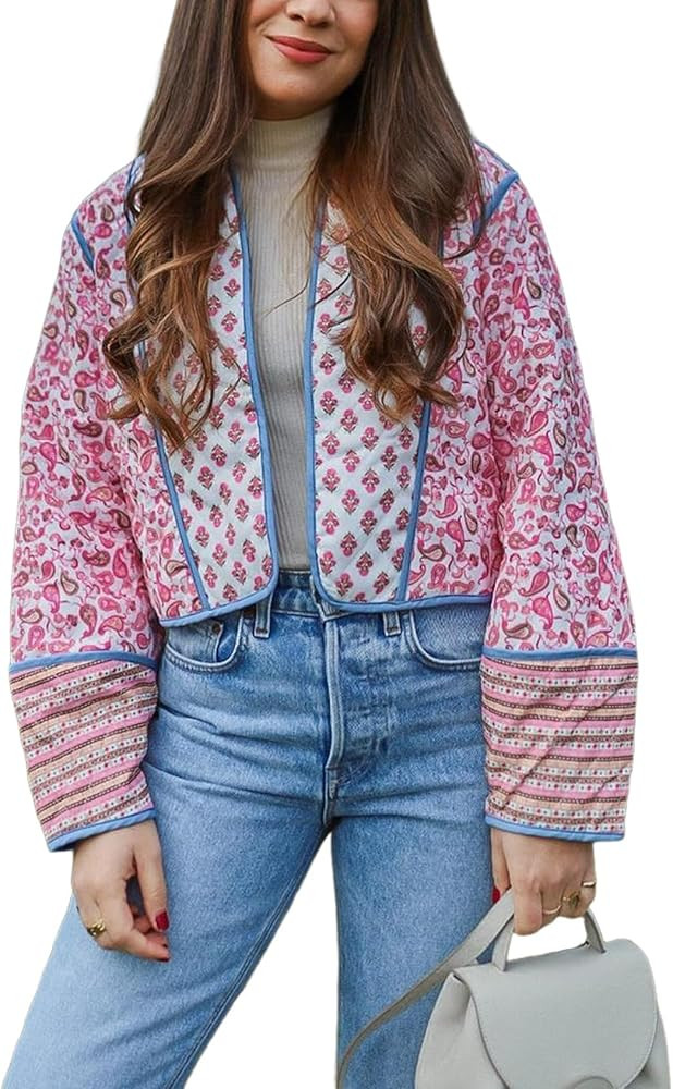 Arssm Women Floral Quilted Puffer Jacket Cropped Lightweight Patchwork Vintage Padded Short Coat ... | Amazon (US)