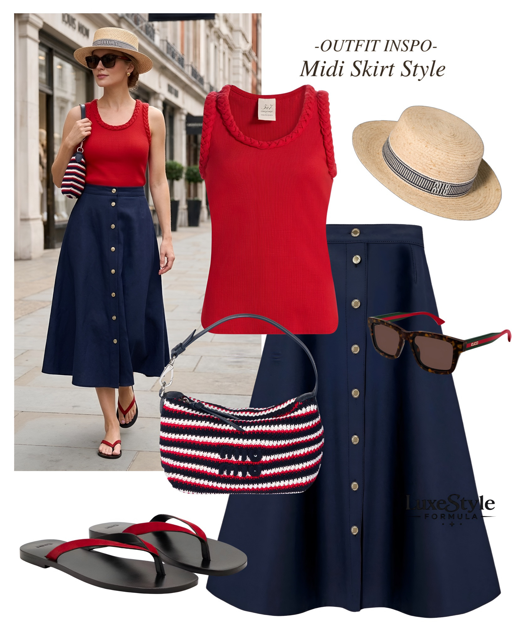 🚨 STOP SCROLLING — This denim midi skirt outfit is giving effortless European summer style… and some pieces are on SALE! ❤️💙✨

denim midi skirt outfit, button front midi skirt, navy midi skirt outfit, red tank top outfit, summer midi skirt styling, European summer outfit, chic vacation outfit, coastal chic style, timeless capsule wardrobe, classic feminine outfit, resort casual outfit, striped shoulder bag, summer flip flop outfit, elegant everyday style, Paris inspired fashion, old money summer outfit, polished casual look, vacation capsule wardrobe, summer wardrobe essentials, elevated casual dressing
